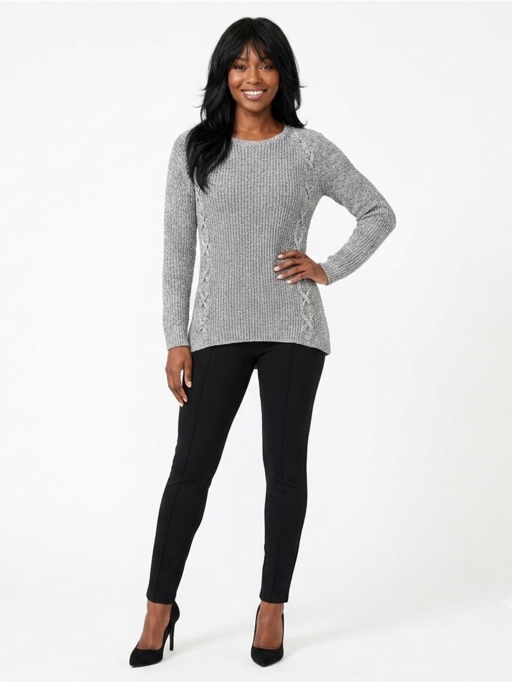 A.N.A Heather Gray Ribbed Crew Neck Cable Detail Knit Sweater Size L